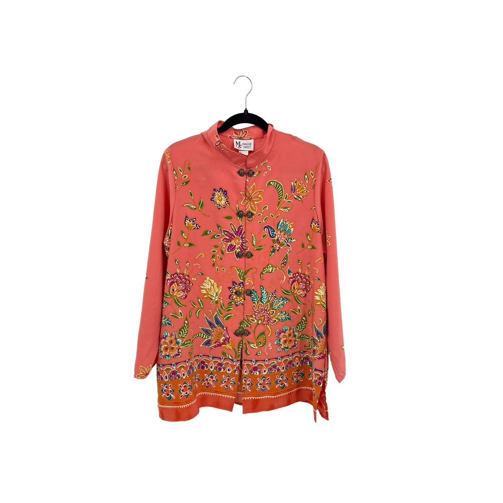 Maggie Sweet Blouse Women Large Coral Moroccan Border Vintage Floral Clasp Top